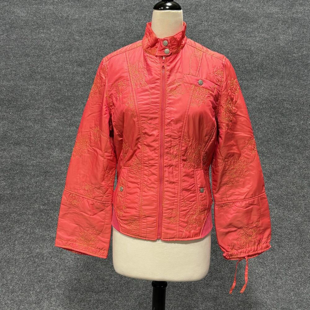 Oilily Jacket Womens 38 Pink Quilted Short Floral Embroidered Zip Pockets New